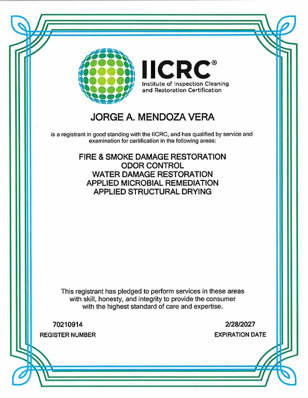 Jorge Vega IICRC Certification Bulovas Restoration